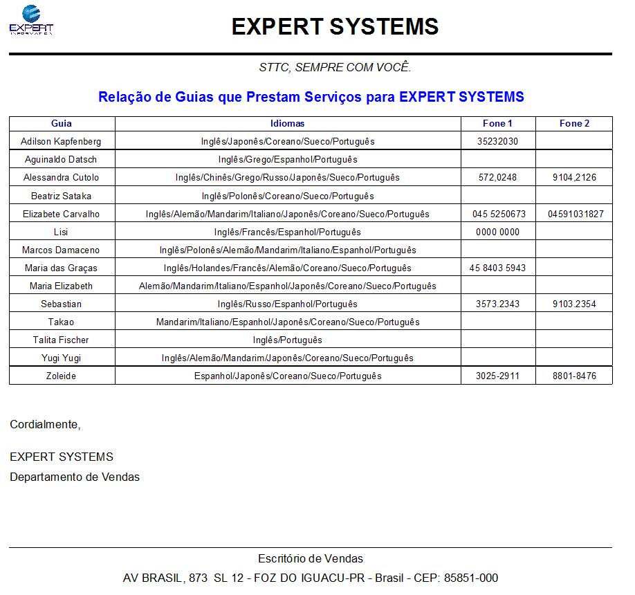Tabela de guias Tabela de guias