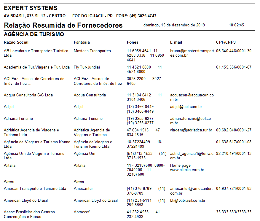 Relação resumida de fornecedores Relação resumida de fornecedores