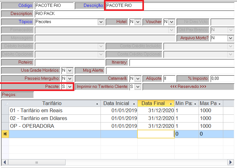 Cadastro de um pacote