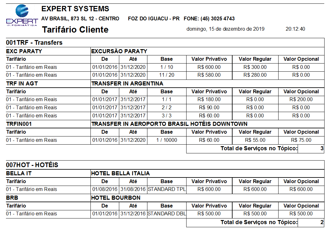 Impressão de tarifário