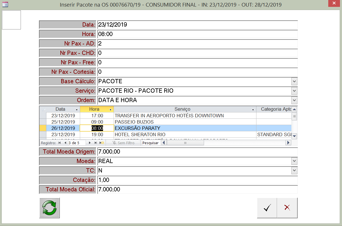 Inserção do pacote na reserva
