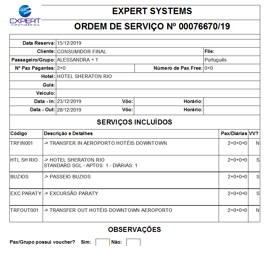 Impressão da reserva