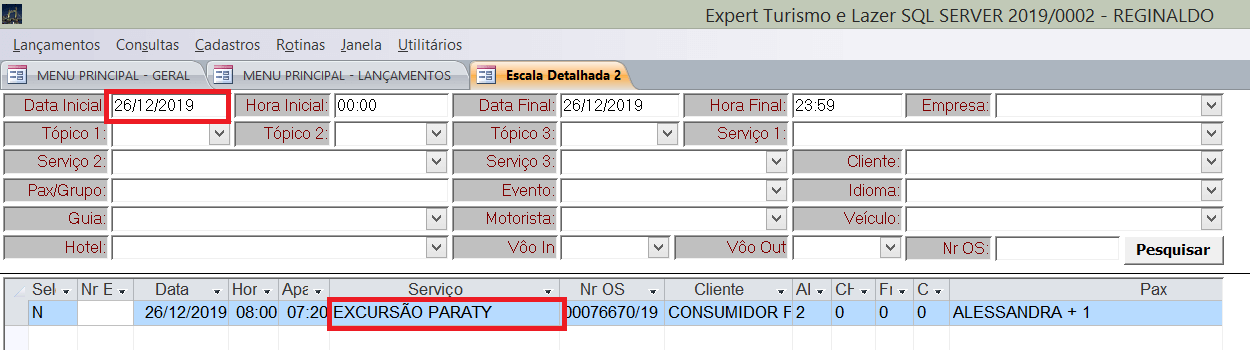 Escala de um determinado dia